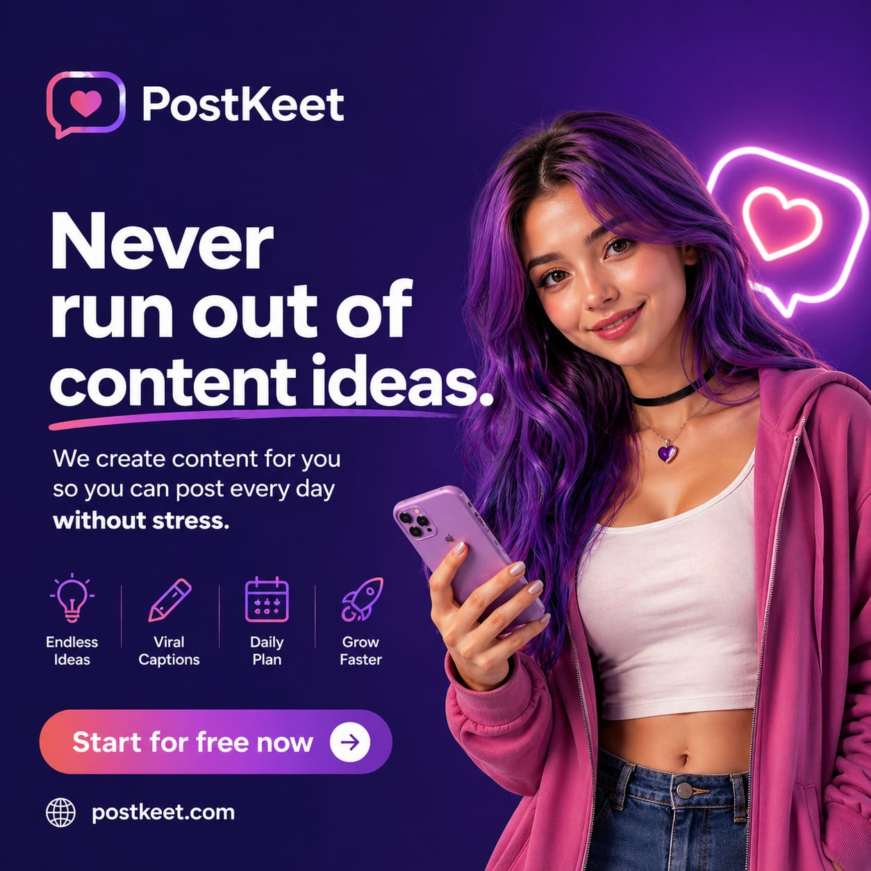 PostKeet — Never run out of content ideas. Start for free at postkeet.com